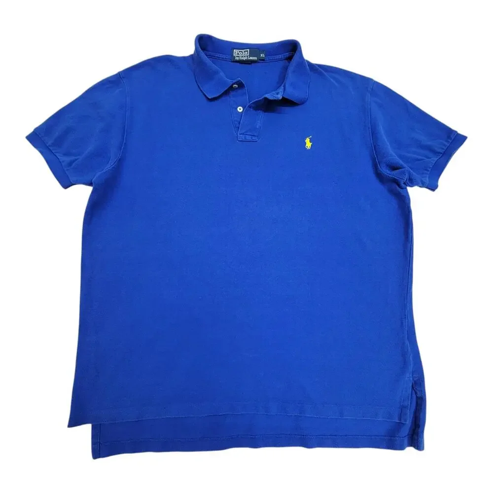 Polo Ralph Lauren Mens XL Blue Yellow Pony Short Sleeve Pique Tennis Tail Polo